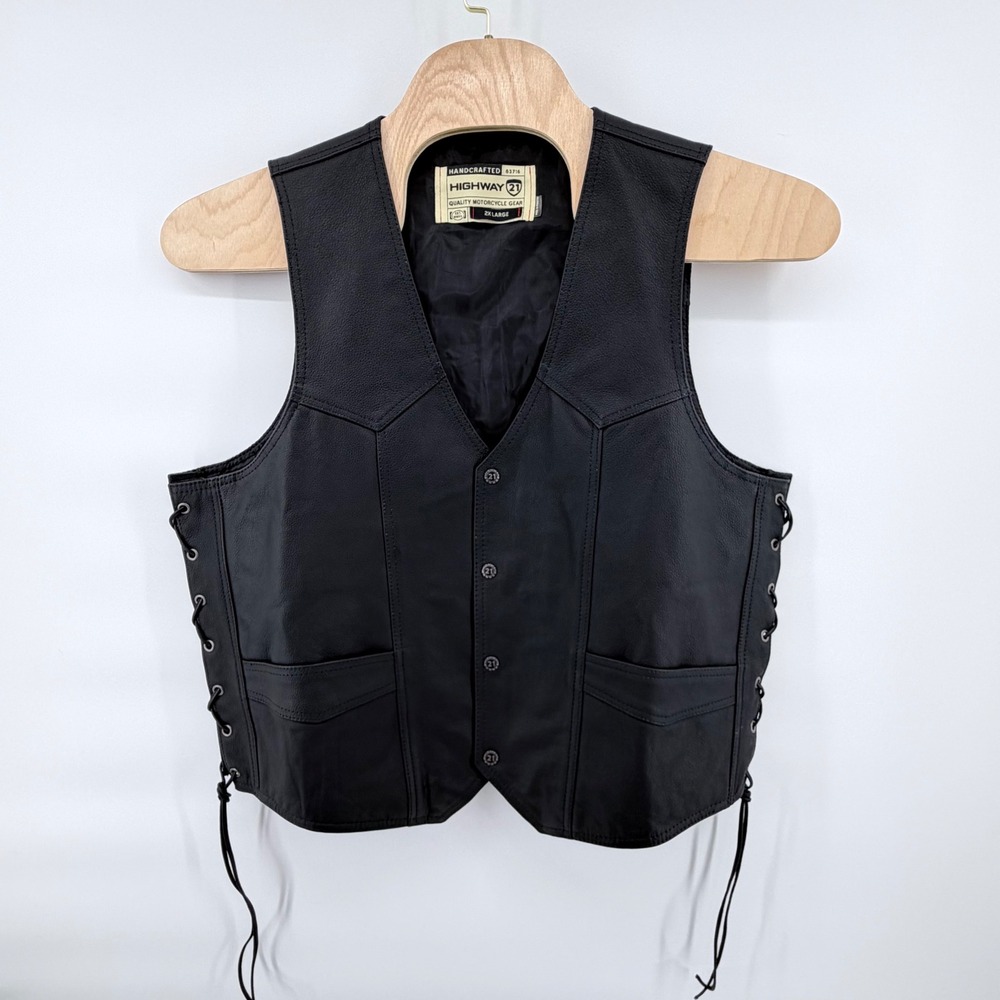 Highway 21 Six Shooter Black Leather Motorcycle Biker Vest Side Lace‎ Mens 2XL